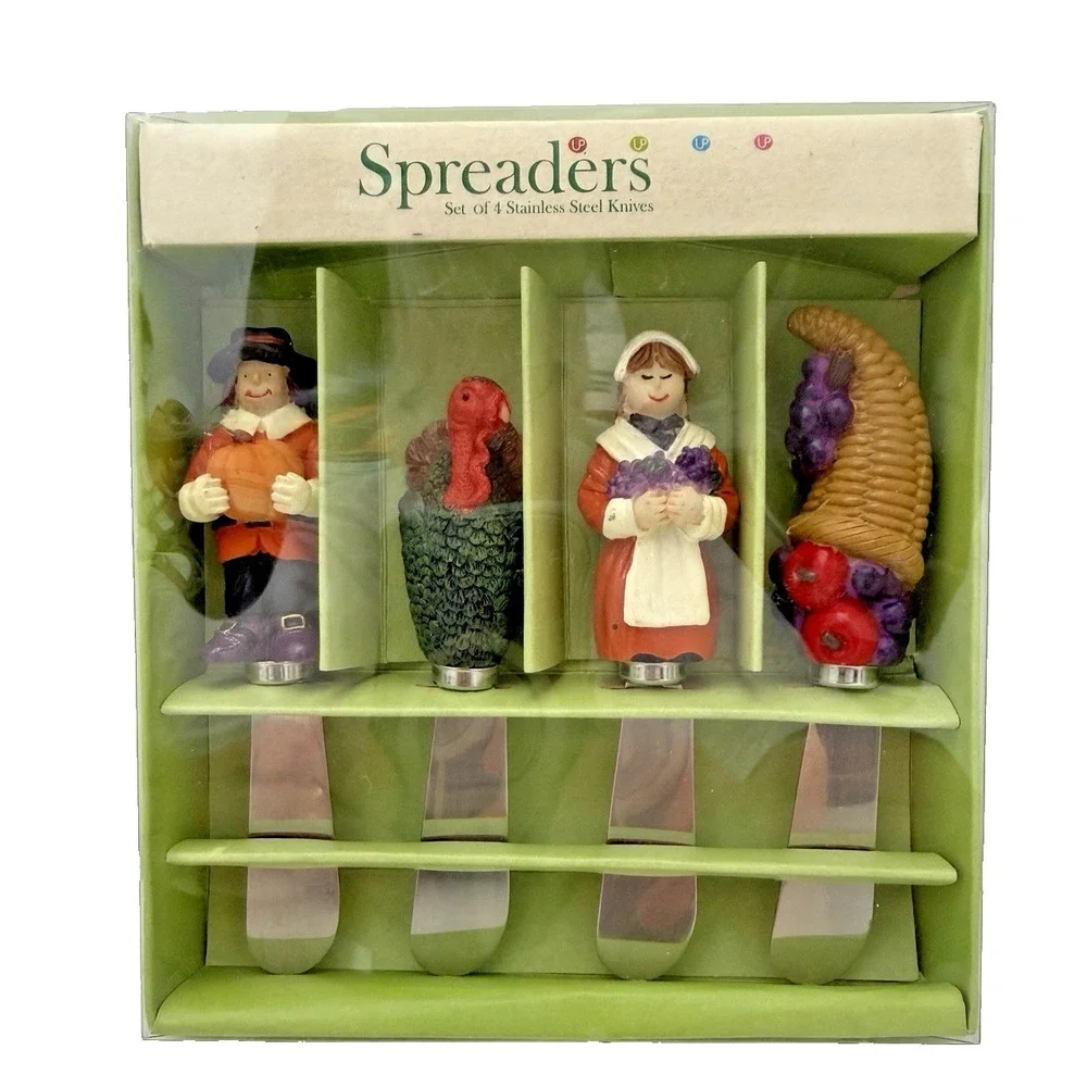 Thanksgiving Stainless Steel Cheese Butter Spreader Knives Set of 4 NEW in Box